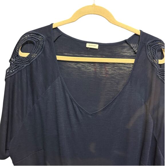 Avenue Women Tunic Top S Navy Cold Shoulder Crochet Sleeve Boho Chic Slouchy - Picture 5 of 9